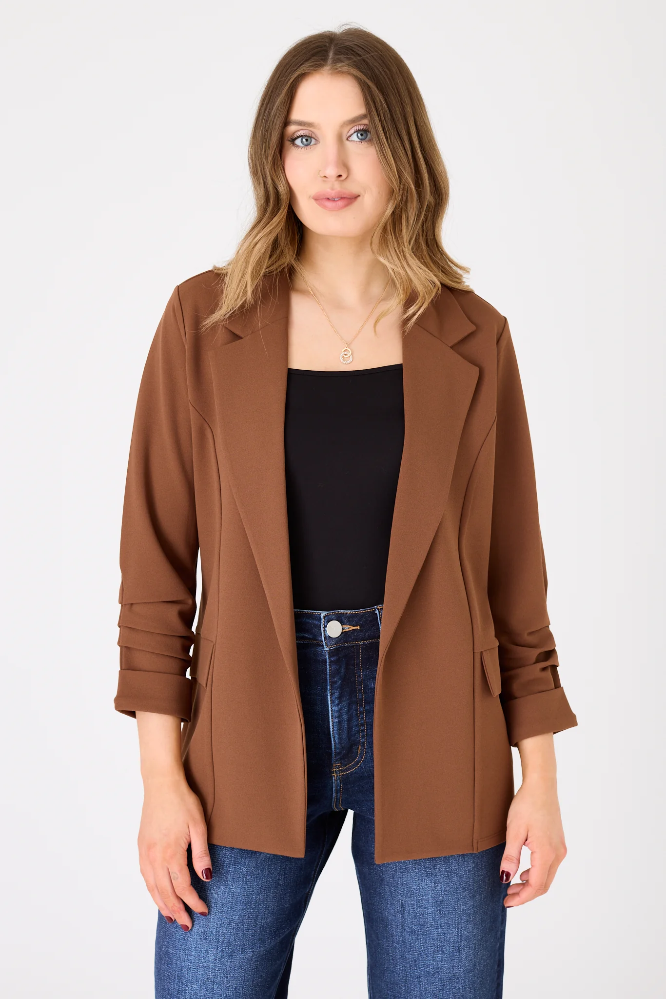 Stretch Crepe Blazer with Ruched Sleeves - Image 3