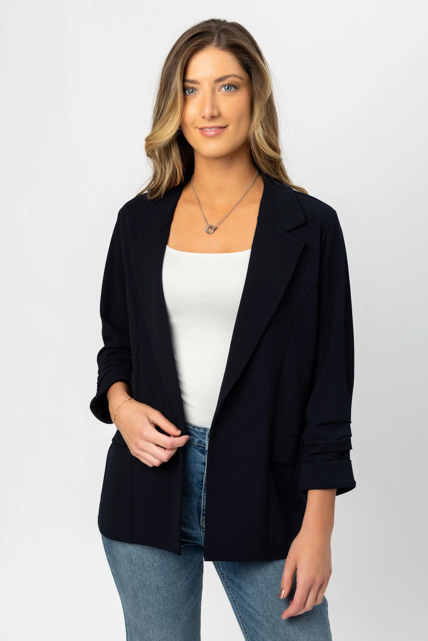 Stretch Crepe Blazer with Ruched Sleeves - Image 5