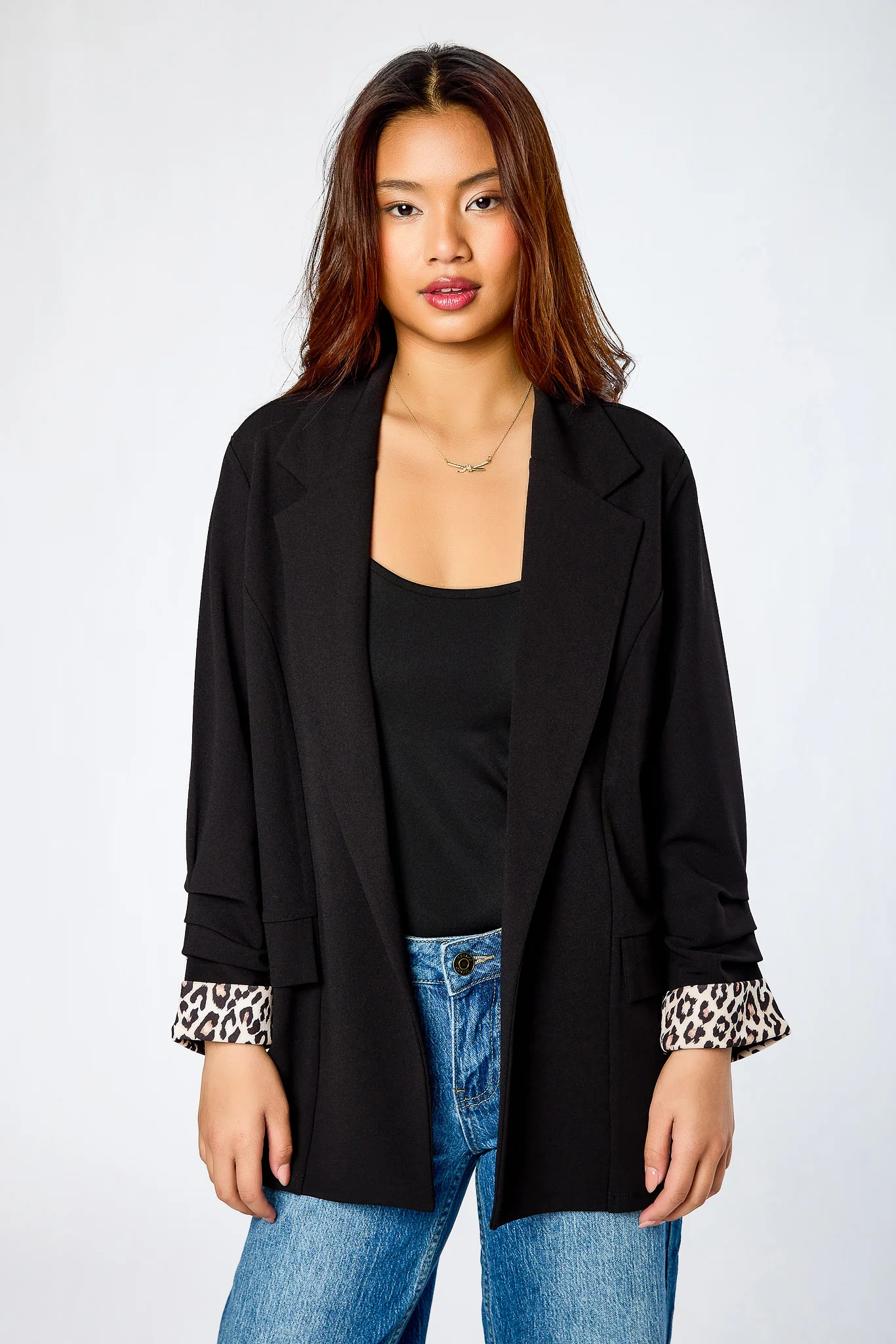 Stretch Crepe Blazer with Ruched Sleeves and Leopard Print Cuff - Image 3
