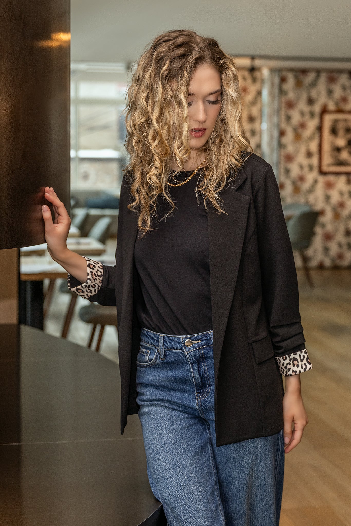 Stretch Crepe Blazer with Ruched Sleeves and Leopard Print Cuff - Image 5