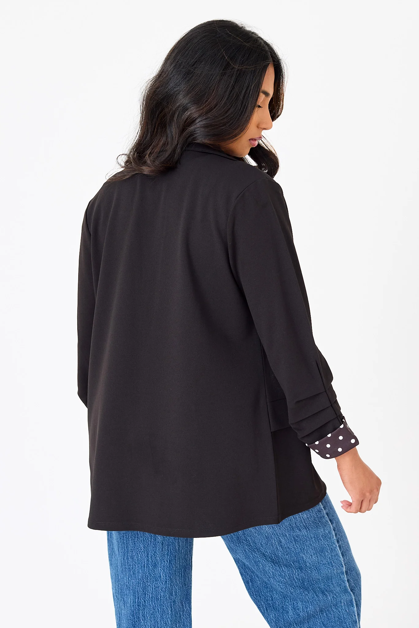 Stretch Crepe Blazer with Ruched Sleeves and Polka Dot Print Cuff - Image 3