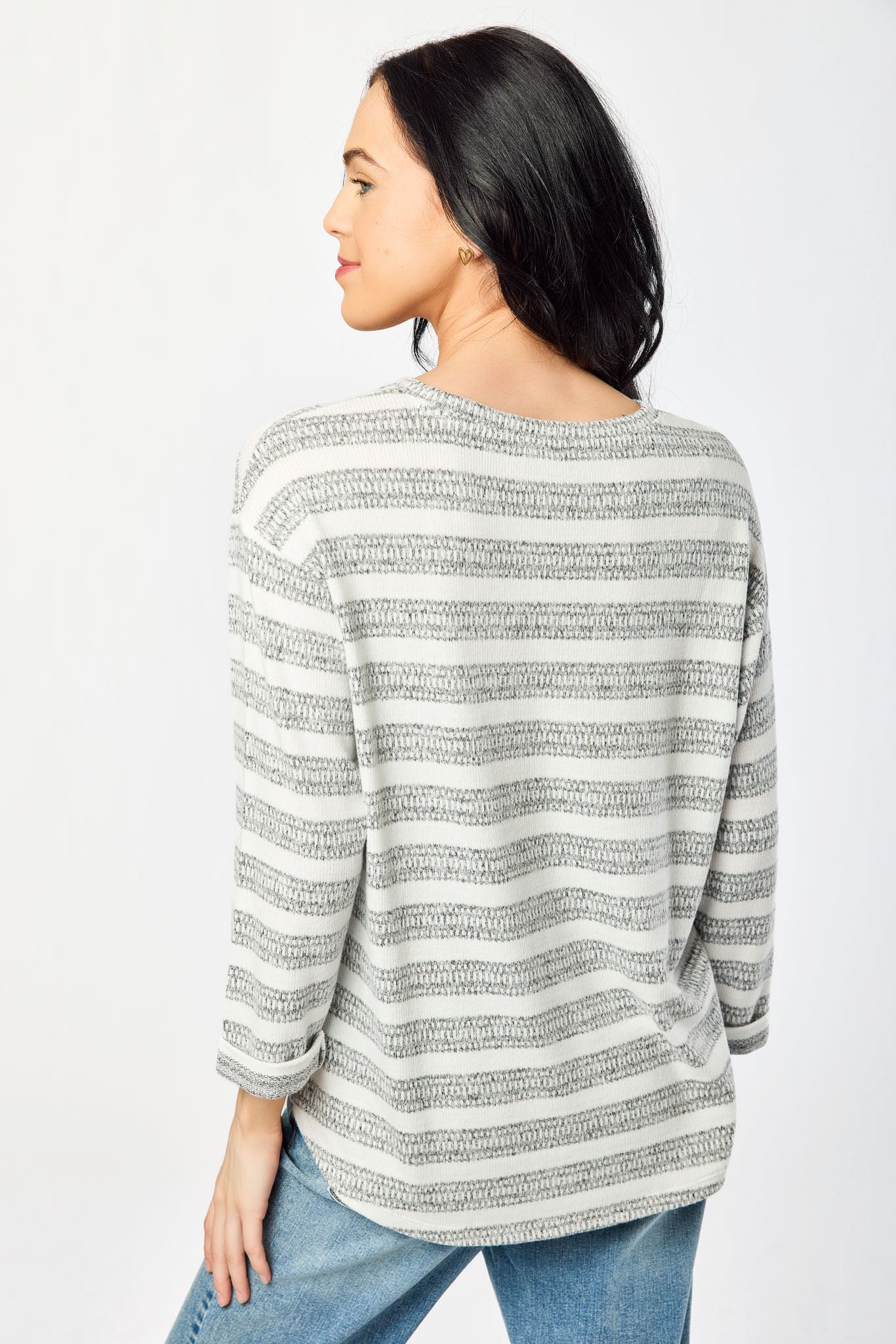 Stripe Crew-Neck 3/4 Sleeve Hacci Sweater with Side Slits - Image 2