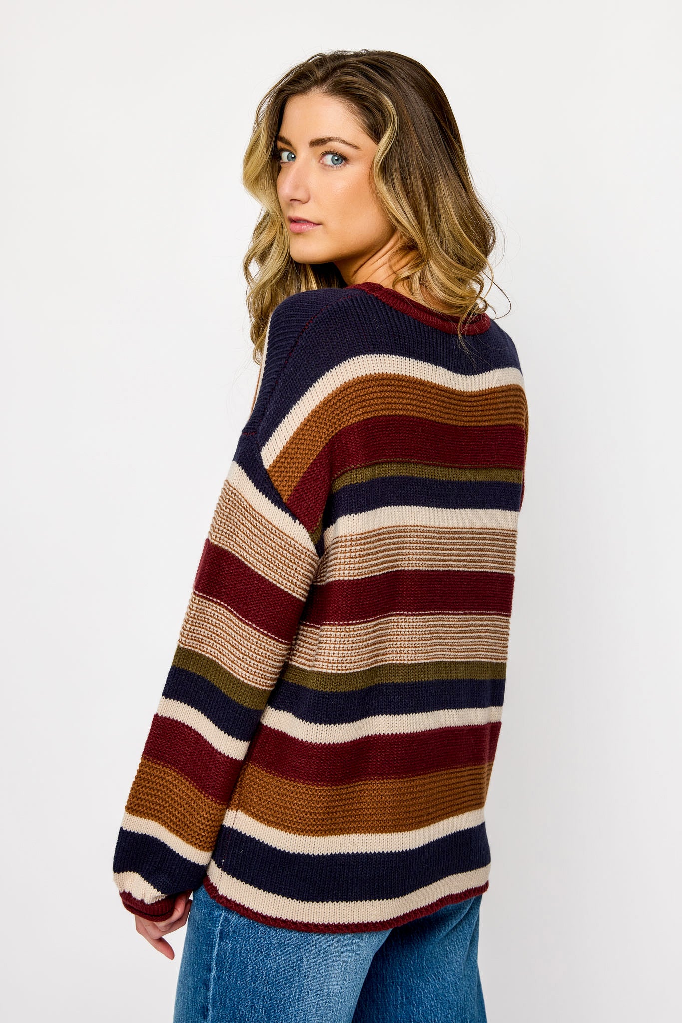 Stripe Crew-Neck Balloon-Sleeve Knit Sweater - Image 3