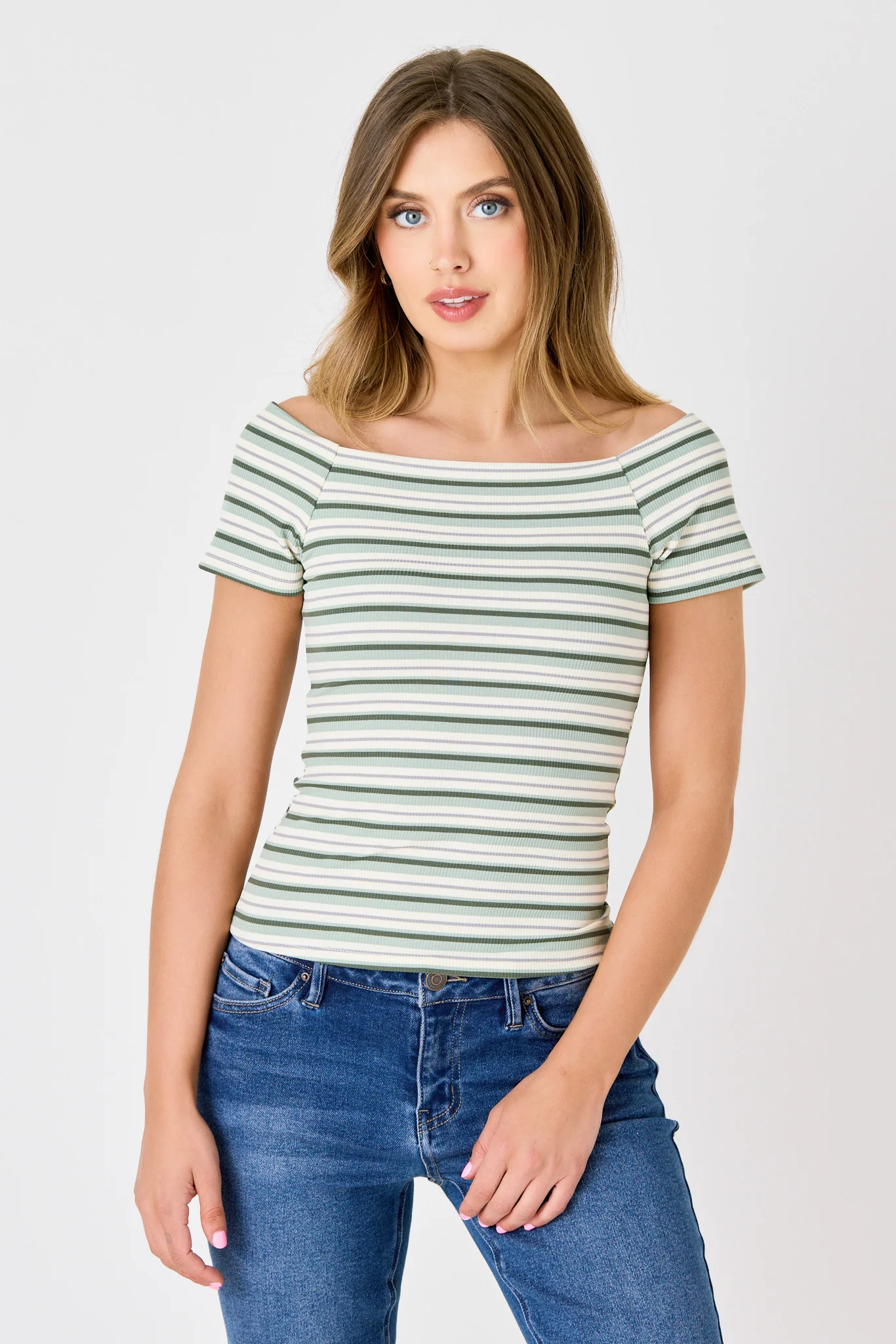Stripe Rib Off-Shoulder Tee - Image 3