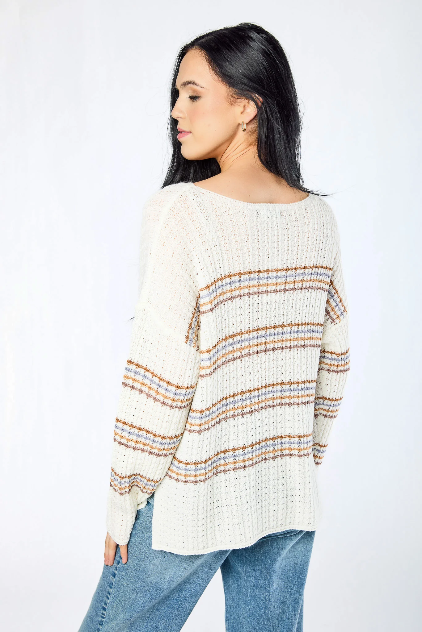 Stripe Wide-Neck Long-Sleeve Sweater with Side Slits - Image 3