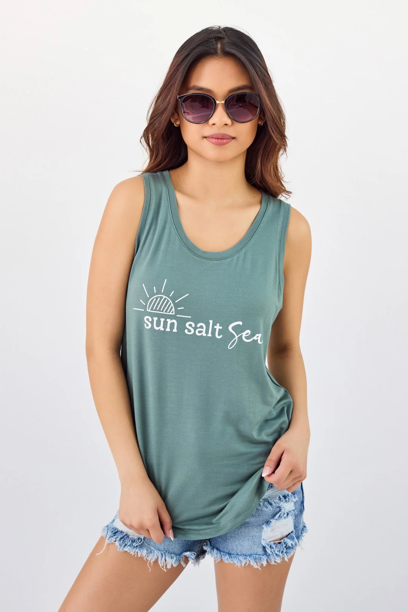 "Sun Salt Sea" Sleeveless Scoop-Neck Tank with Shirttail Hem - Image 3