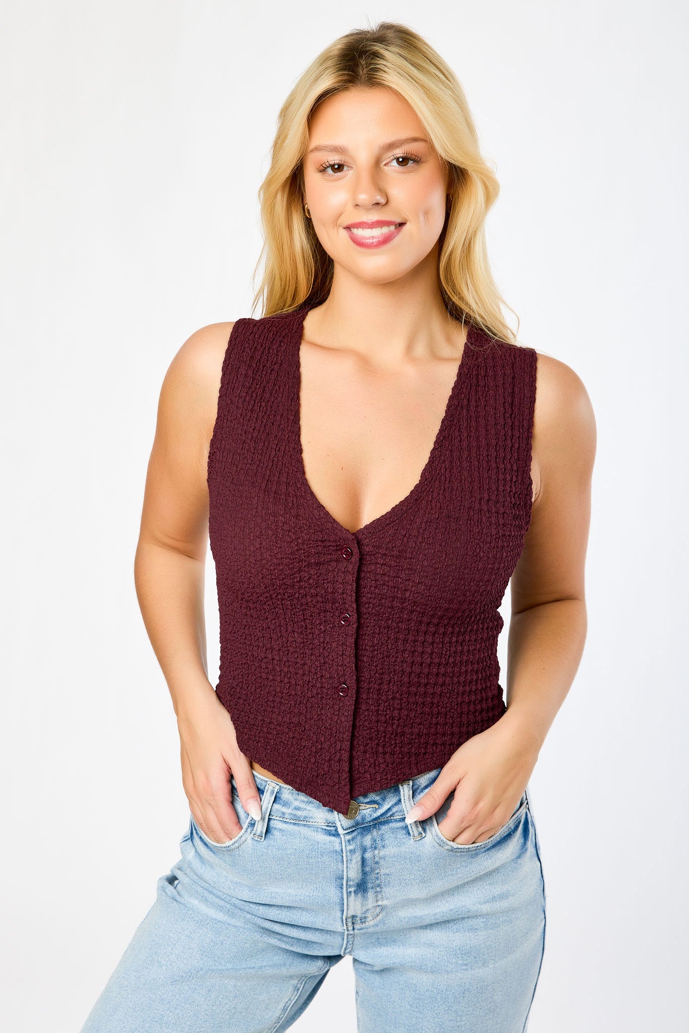 Textured Knit Button-Front Vest - Image 3