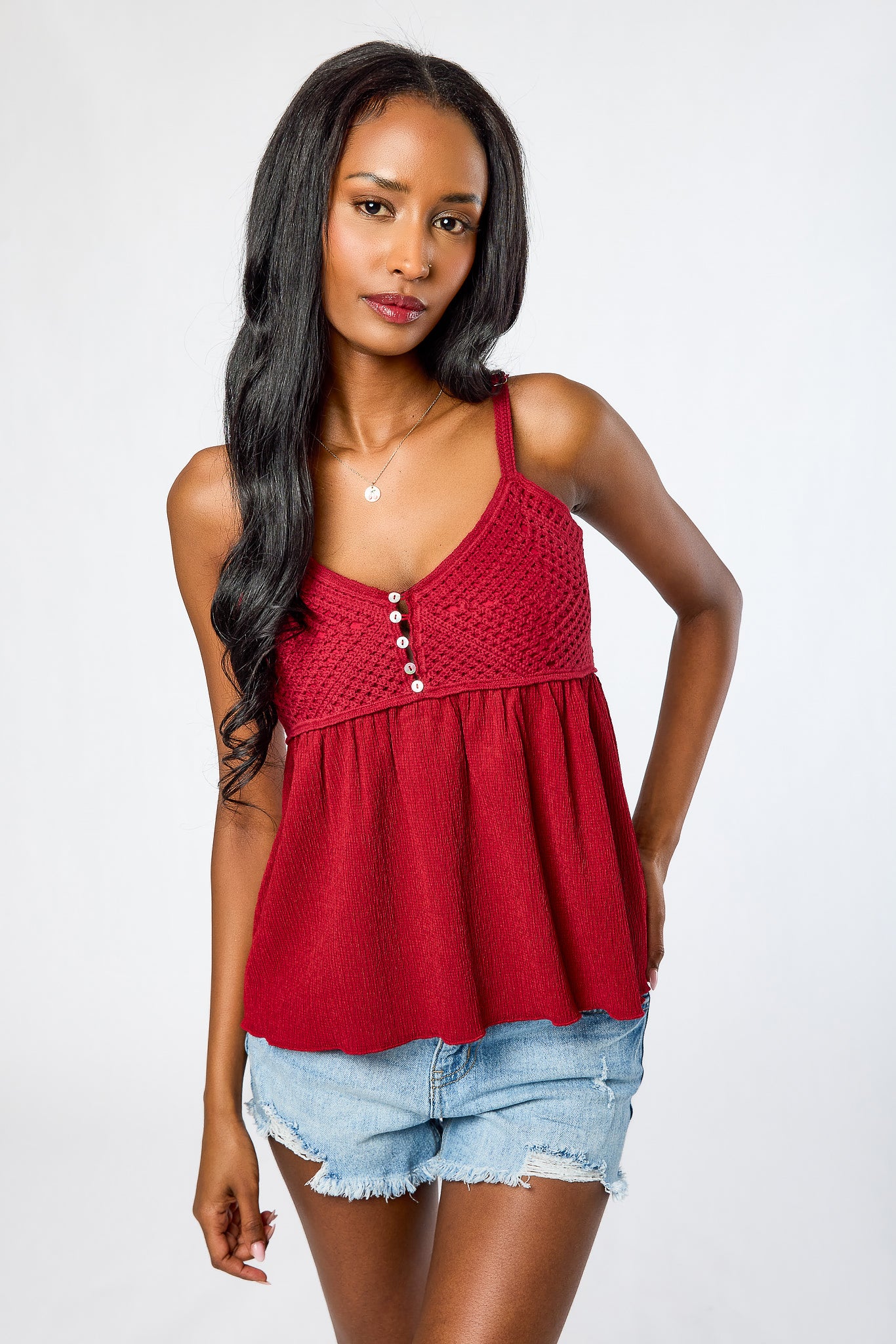 Textured Knit V-Neck Spaghetti Strap Babydoll with Shell Buttons - Image 2