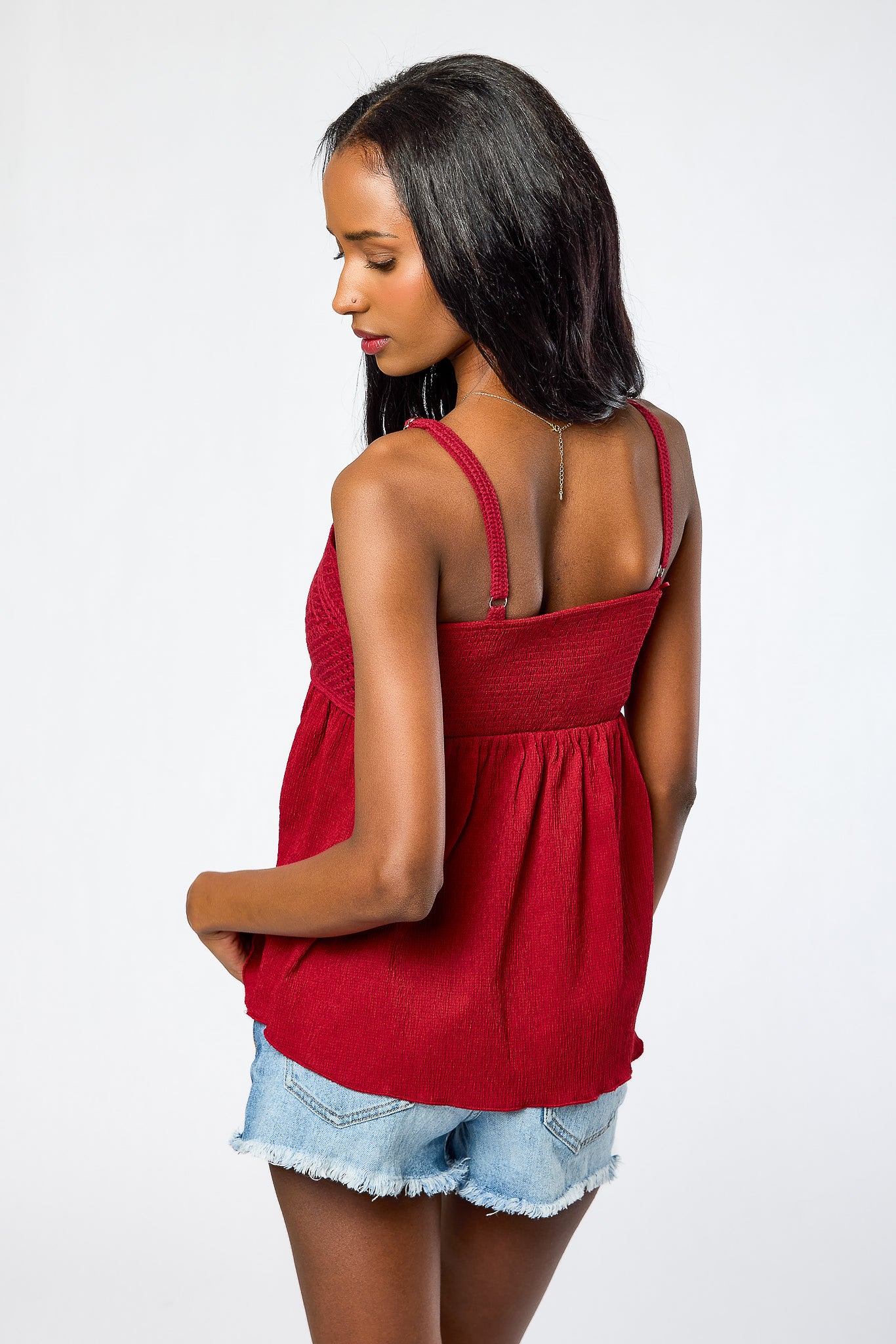 Textured Knit V-Neck Spaghetti Strap Babydoll with Shell Buttons - Image 3