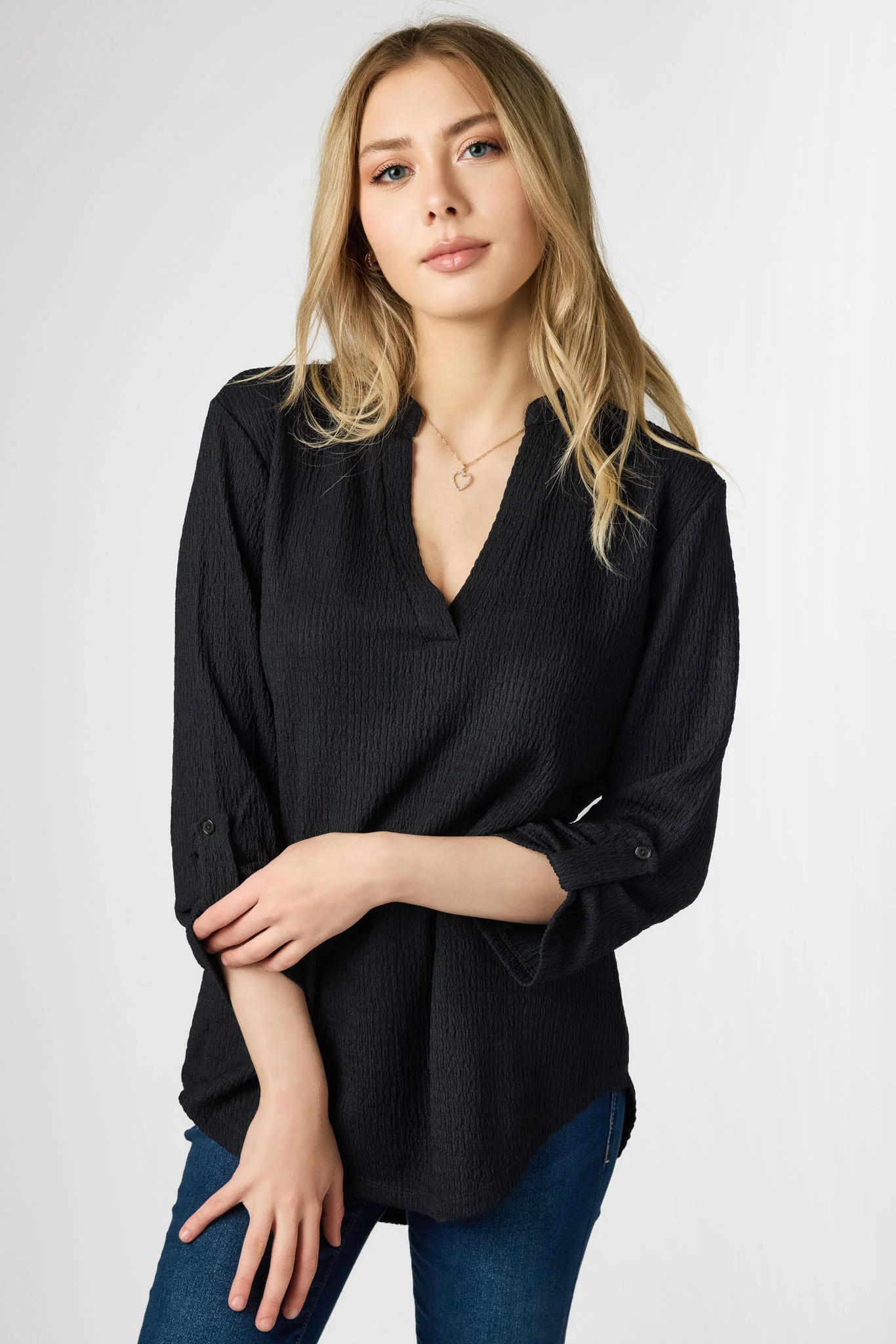 Textured V-Neck Blouse with Roll Tab sleeves - Image 3