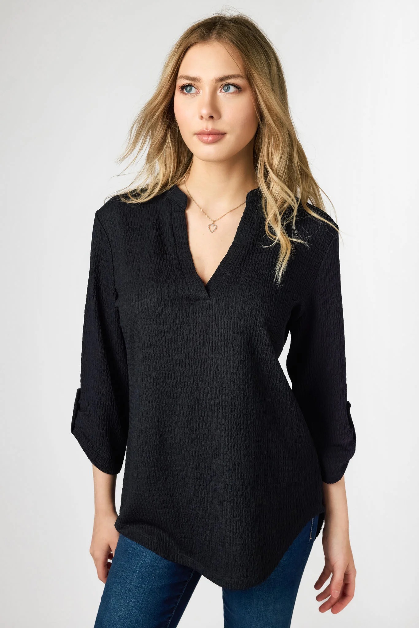 Textured V-Neck Blouse with Roll Tab sleeves - Image 5