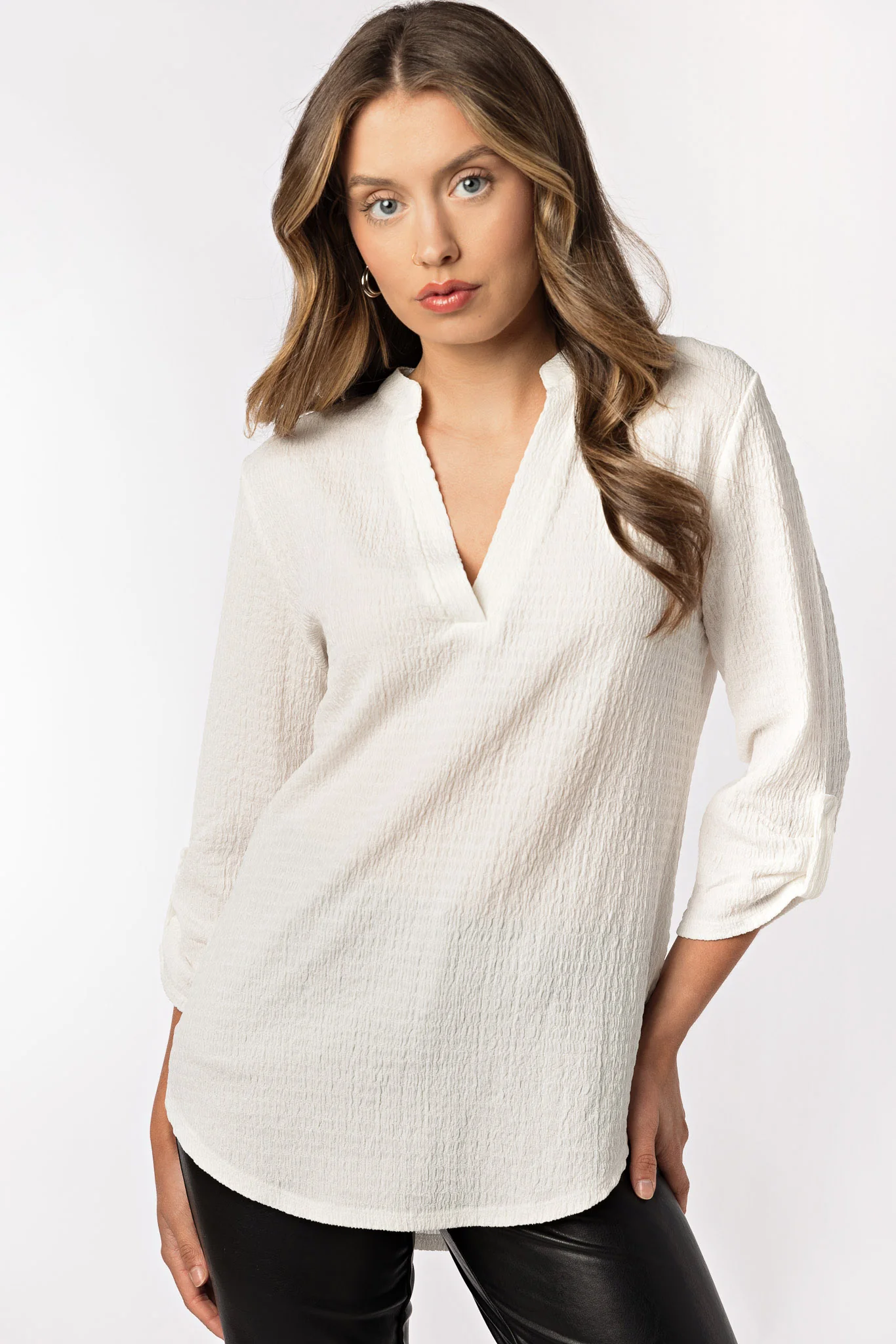 Textured V-Neck Blouse with Roll Tab sleeves - Image 6