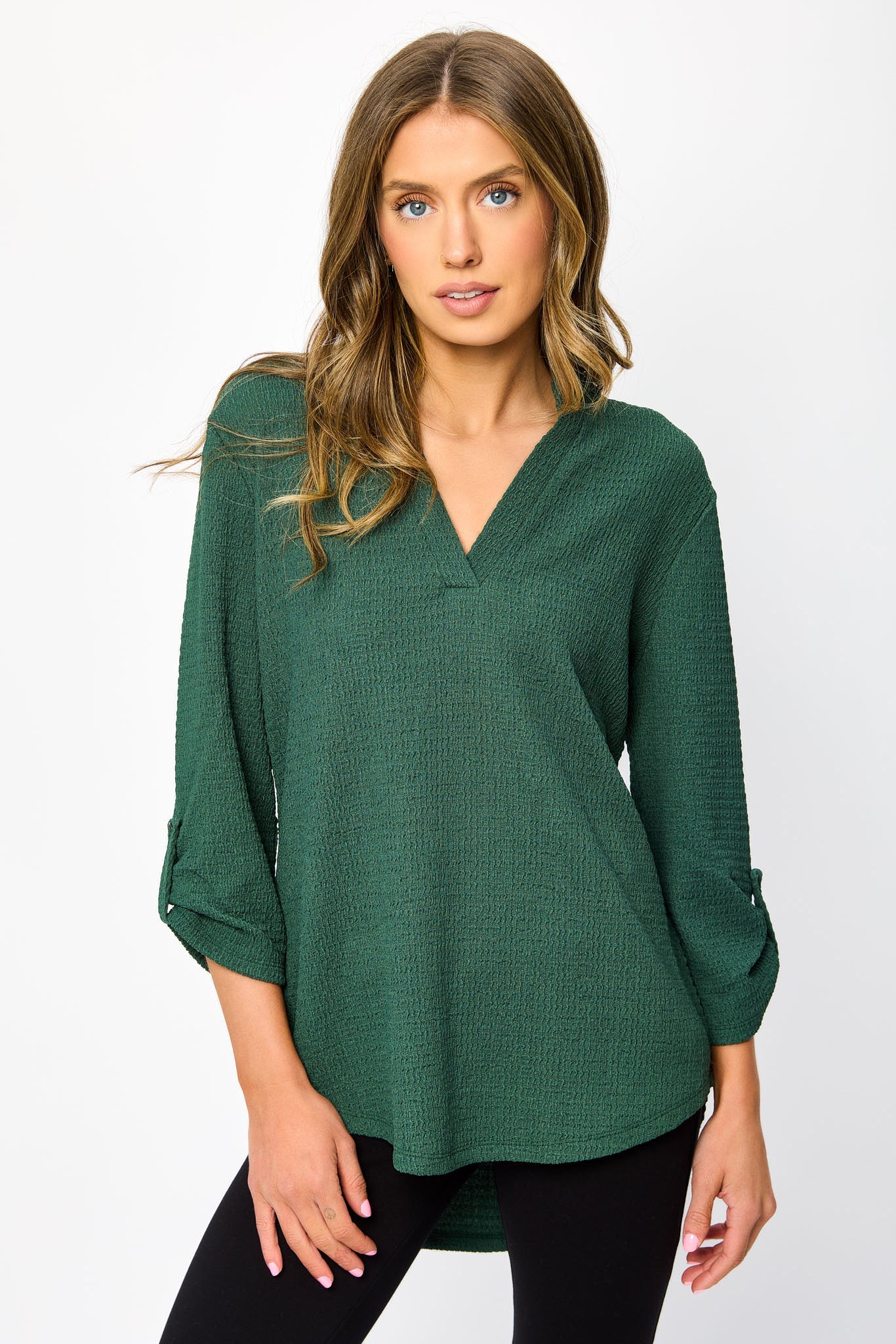 Textured V-Neck Blouse with Roll Tab sleeves - Image 8