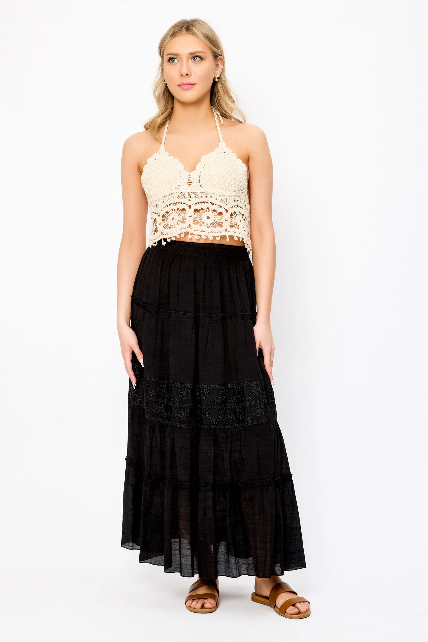 Tiered Maxi Skirt with Floral Eyelet Trim - Image 3