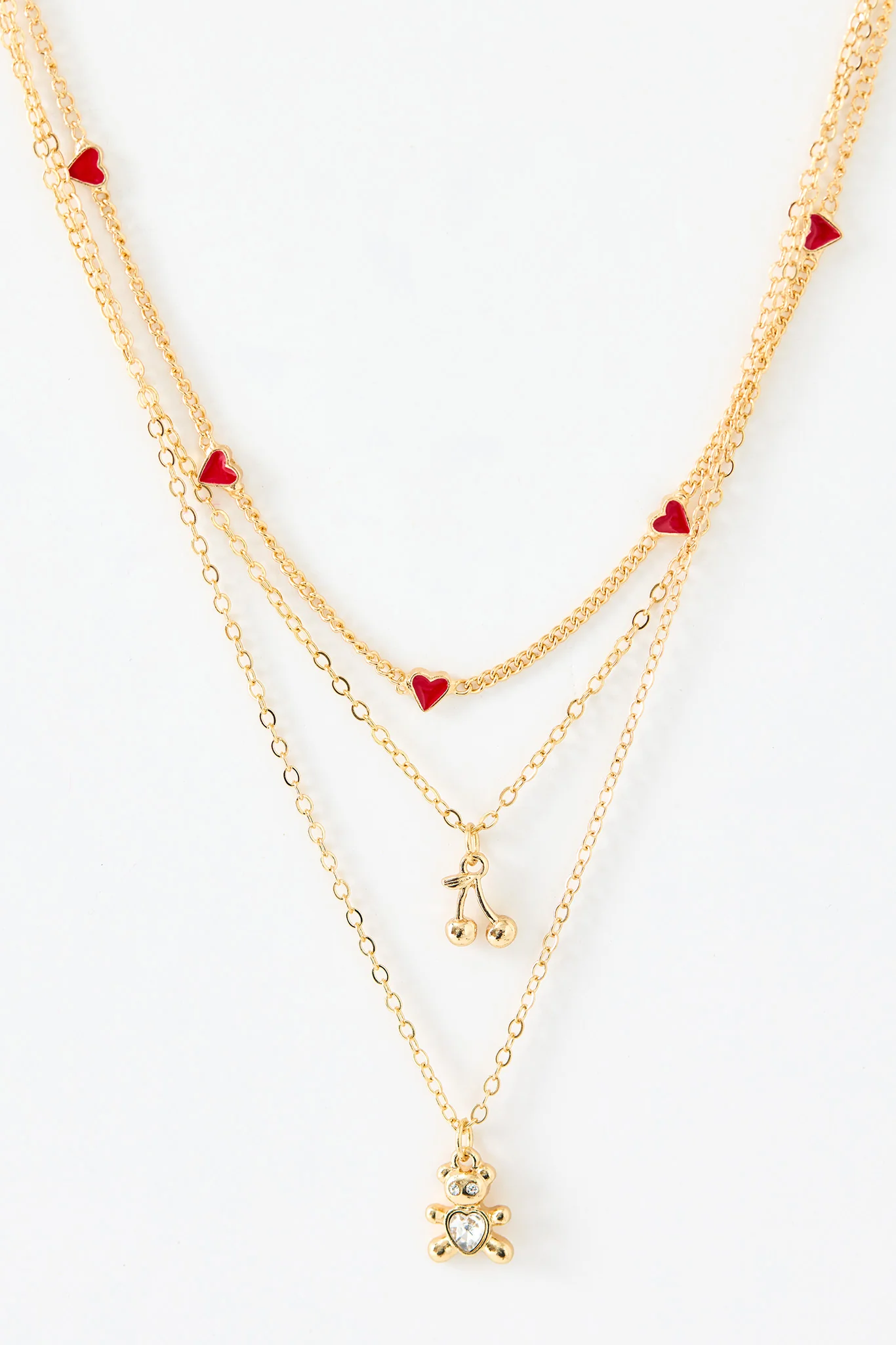 Triple Strand Necklace with Hearts, Cherries and Teddy Bear