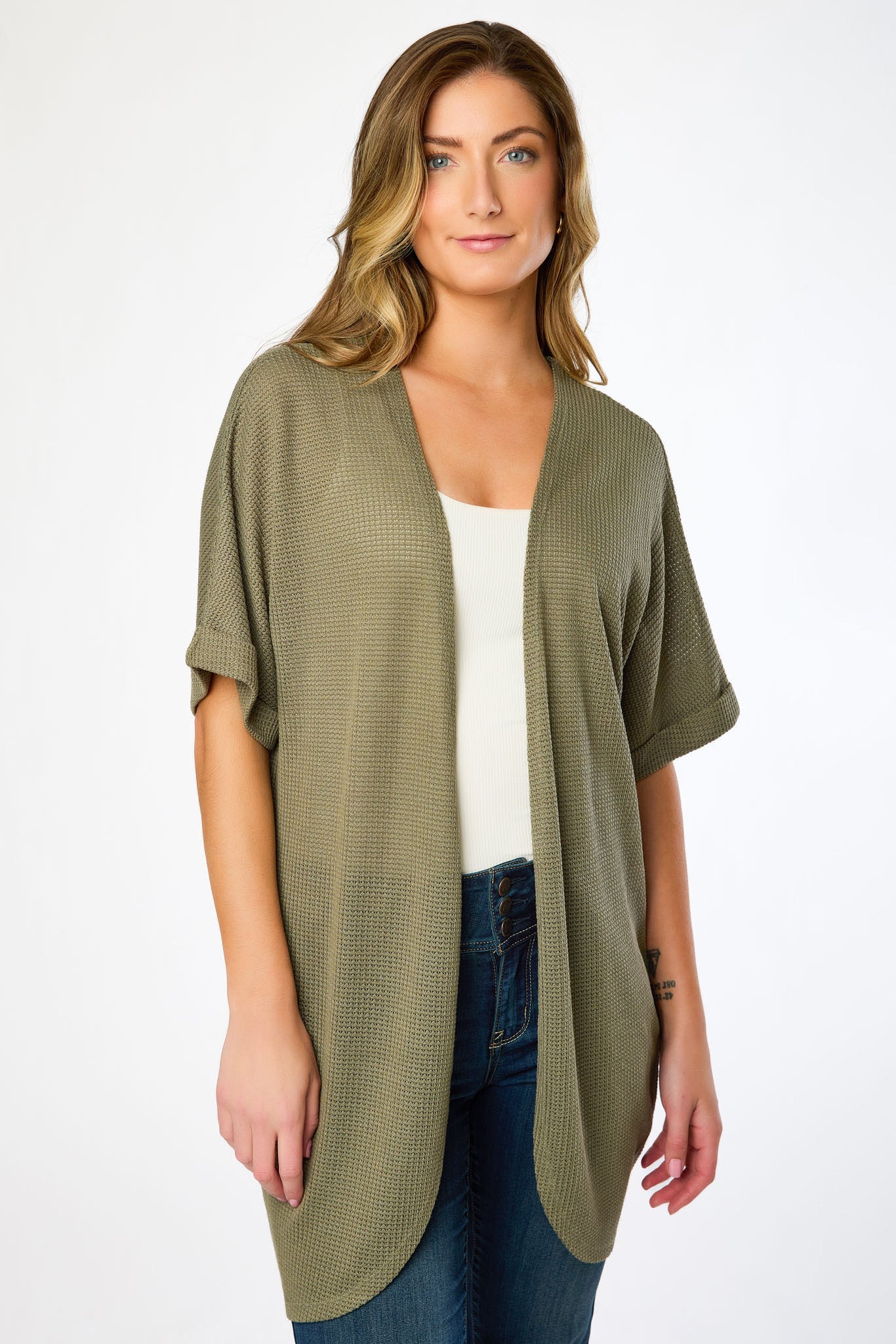 Waffle Knit Short Sleeve Cocoon Cardigan - Image 10