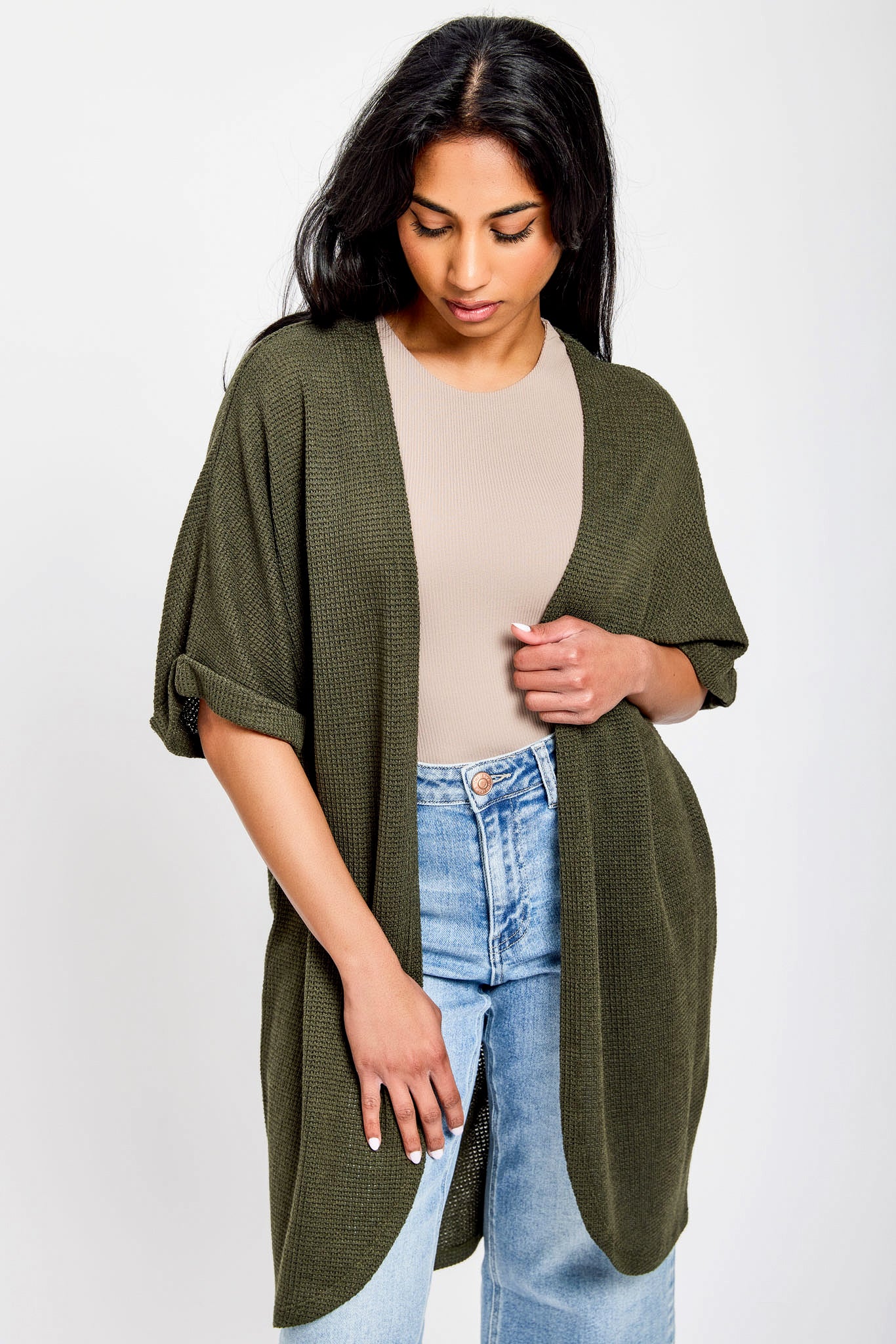 Waffle Knit Short Sleeve Cocoon Cardigan - Image 5