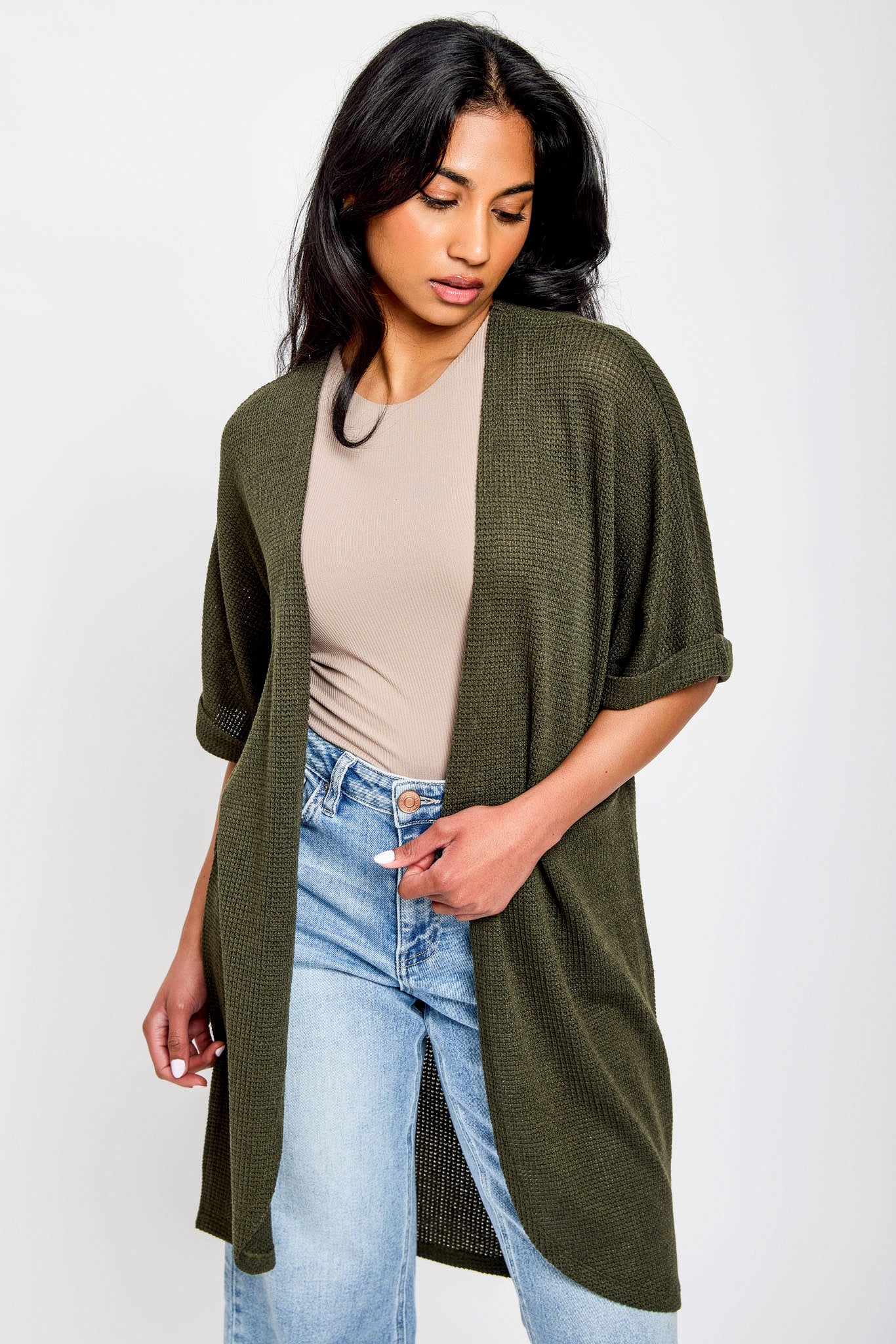 Waffle Knit Short Sleeve Cocoon Cardigan - Image 6
