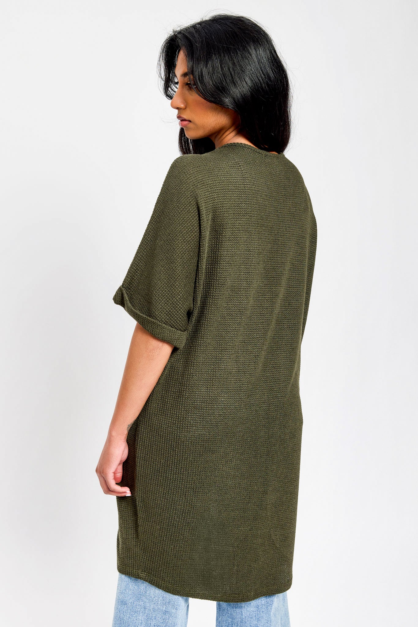 Waffle Knit Short Sleeve Cocoon Cardigan - Image 7