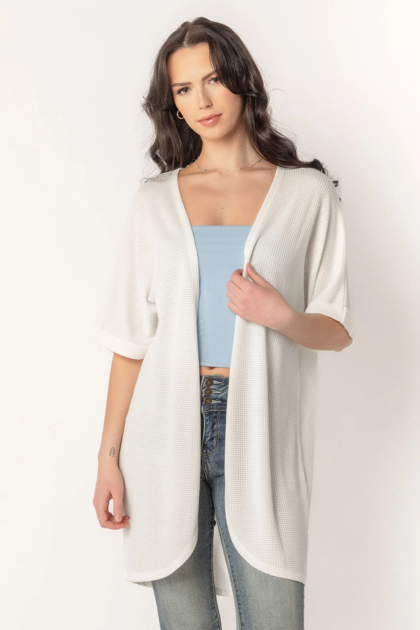 Waffle Knit Short Sleeve Cocoon Cardigan - Image 8