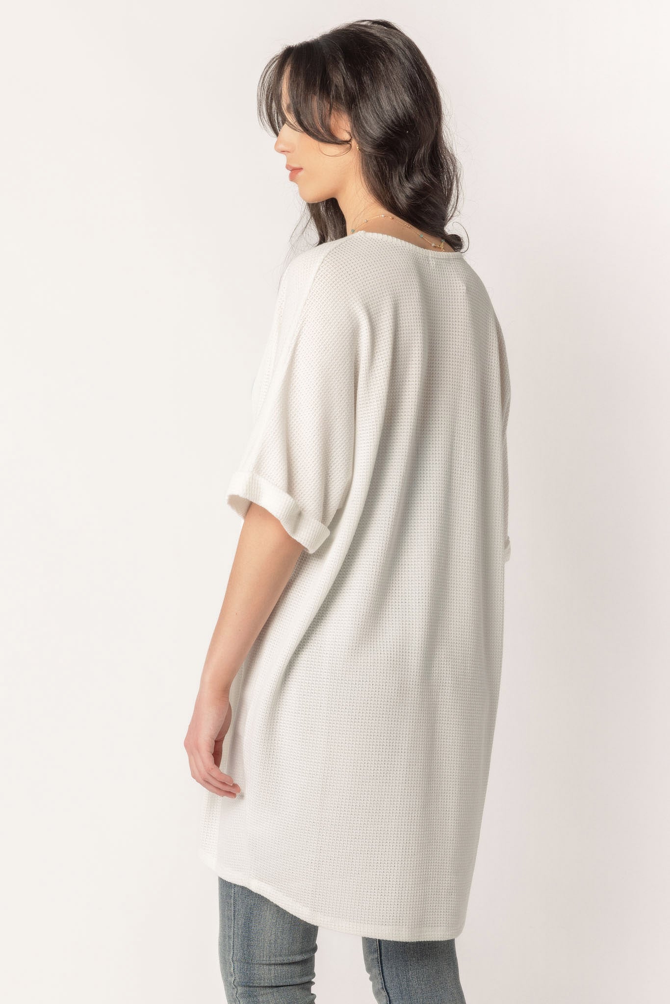 Waffle Knit Short Sleeve Cocoon Cardigan - Image 9